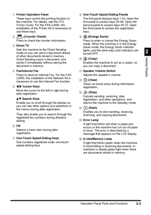 Page 79Operation Panel Parts and Functions2-3
2
Getting Started
aPrinter Operation Panel
These keys control the printing function of 
the machine. For details, see the PCL 
Printer Guide. For the FAX-L2000, the 
installation of the Printer Kit is necessary to 
use these keys.
b (Counter Check)
Press to check the counter information.
cDirect TX
Sets the machine to the Direct Sending 
mode so you can send a document ahead 
of other documents stored in memory. 
Direct Sending scans a document, and 
sends it...