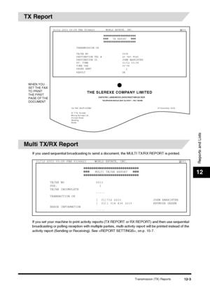 Page 119Transmission (TX) Reports12-3
Reports and Lists
12
TX Report
Multi TX/RX Report
If you used sequential broadcasting to send a document, the MULTI TX/RX REPORT is printed.
If you set your machine to print activity reports (TX REPORT or RX REPORT) and then use sequential 
broadcasting or polling reception with multiple parties, multi-activity report will be printed instead of the 
activity report (Sending or Receiving). See , on p. 15-7.
31/12 2003 09:58 FAX 8334423 WORLD ESTATE, INC. 001...