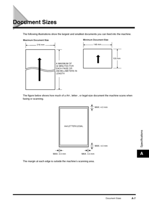 Page 177Document SizesA-7
Specifications
A
Document Sizes
The following illustrations show the largest and smallest documents you can feed into the machine.
The figure below shows how much of a A4-, letter-,  or legal-size document the machine scans when 
faxing or scanning.
The margin at each edge is outside the machine’s scanning area.
Maximum Document Size Minimum Document Size
A MAXIMUM OF 
32 MINUTES FOR 
EACH PAGE OR 
356 MILLIMETERS IN 
LENGTH
216 mm
148 mm
105 mm
MAX. 4.0 mm
A4/LETTER/LEGAL
MAX. 4.0 mm...