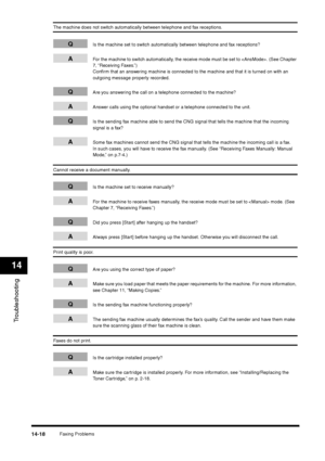 Page 166Faxing Problems
14-18
Troubleshooting14
The machine does not switch automatically between telephone and fax receptions.
Q
Is the machine set to switch automatically between telephone and fax receptions?
A
For the machine to switch automatically, the receive mode must be set to . (See Chapter 
7, “Receiving Faxes.”)
Confirm that an answering machine is connected to the machine and that it is turned on with an 
outgoing message properly recorded.
Q
Are you answering the call on a telephone connected to the...