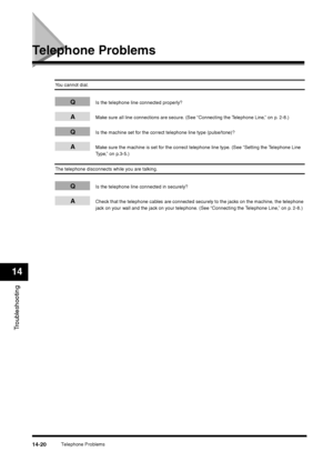 Page 168Telephone Problems
14-20
Troubleshooting14
Telephone Problems
You cannot dial.
Q
Is the telephone line connected properly?
A
Make sure all line connections are secure. (See “Connecting the Telephone Line,” on p. 2-8.)
Q
Is the machine set for the correct telephone line type (pulse/tone)?
A
Make sure the machine is set for the correct telephone line type. (See “Setting the Telephone Line 
Type,” on p.3-5.)
The telephone disconnects while you are talking.
Q
Is the telephone line connected in securely?
A...