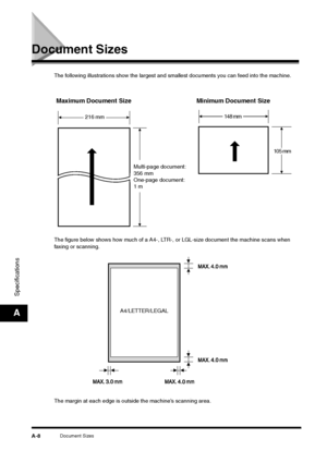 Page 204Document Sizes
A-8
SpecificationsA
Document Sizes 
The following illustrations show the largest and smallest documents you can feed into the machine.
The figure below shows how much of a A4-, LTR-, or LGL-size document the machine scans when 
faxing or scanning.
The margin at each edge is outside the machine’s scanning area.
Multi-page document:
356 mm
One-page document:
1 m
216 mm
148 mm
105 mm
Minimum Document Size Maximum Document Size
A4/LETTER/LEGAL
 