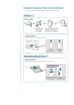Page 2222
 Loading Envelopes or Paper with a Letterhead  
This section describes how to load envelopes and paper with a letterhead.
Envelopes
Loading orientation
Load the paper properly by following the instructions below. 
Paper with a Letterhead or Logo
Before Loading
Loading Orientation
Load the envelopes with the fl aps face up.
Flatten envelopes to release any remaining air. Loosen any stiff
   corners of the 
envelopes, and fl  atten any 
curls, as shown in the fi  gure.
Envelope 
No.10, DL, ISO-C5...