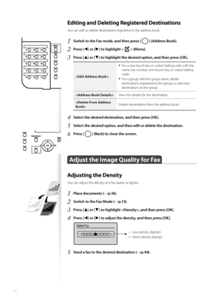 Page 4242
Editing and Deleting Registered Destinations 
You can edit or delete destinations registered in the address book.
1 Switch to the Fax mode, and then press [  ] (Address Book).
2 Press [◄] or [►] to highlight  (Menu).
3 Press [▲] or [▼] to highlight the desired option, and then press [OK].

• For a one-touch key or coded dialing code, edit the 
name, fax number, one-touch key, or coded dialing 
code.
• For a group, edit the group name, delete 
destinations registered to the group, or add new...
