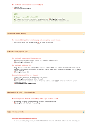 Page 145The machine is  connected  to an unsupported port.Check the  port. 
Checking the Printer Port
If the port you need is  not available
If  you are  using a network connection,  configure the  port. Configuring  Printer Ports
If  you are  using a USB  connection,  reinstall the  printer driver. Printer Driver  Installation  Guide
Insufficient Printer Memory
The document being printed contains a page with a very  large  amount of data.
This machine cannot  print the  data. Click 
 to  cancel the  print job....