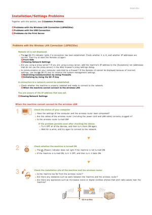 Page 1480HWJ-03H
Installation/Settings Problems
Together with this section, see  Common  Problems.
Problems with the Wireless LAN Connection (LBP6030w)
Problems with the USB Connection
Problems via the Print Server
Remote  UI is  not  displayed.
The 
(Wi -Fi) indicator lights if  a connection has been established.  Check whether  it is  lit, and  whether  IP  addresses are
correct.  Then  try to  start the  Remote  UI again.  
Front  SideViewing Network Settings
Are  you using a proxy server ?  If  you are...