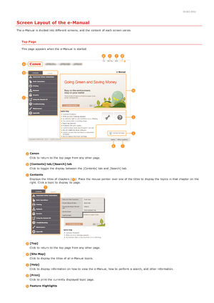 Page 2020HWJ-04U
Screen Layout of the e-Manual
The e-Manual is  divided into different  screens,  and  the  content  of each screen varies.
Top Page
This page appears when the  e-Manual is  started.
 CanonClick to  return to  the  top  page from any other page.
 [Contents]  tab/[Search] tabClick to  toggle the  display between  the  [Contents] tab  and  [Search] tab.
 ContentsDisplays  the  titles of chapters  (
). Place the  mouse  pointer  over one of the  titles to  display the  topics  in that  chapter  on...