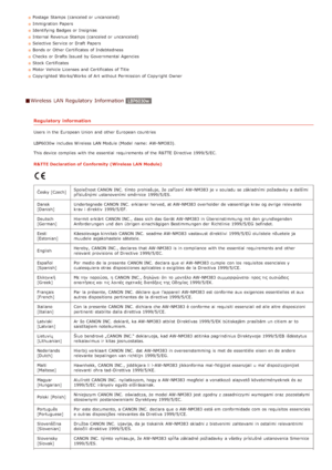 Page 216Postage  Stamps (canceled or uncanceled)
Immigration Papers
Identifying Badges or Insignias
Internal Revenue Stamps (canceled or uncanceled)
Selective Service or Draft  Papers
Bonds or Other Certificates of Indebtedness
Checks  or Drafts Issued  by Governmental  Agencies
Stock Certificates
Motor Vehicle Licenses and  Certificates of Title
Copyrighted  Works/Works of Art without Permission of Copyright  Owner
Wireless  LAN Regulatory  Information
Regulatory  information
Users in the  European Union and...