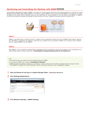 Page 950HWJ-02K
Monitoring and Controlling the Machine with SNMP
Simple Network Management Protocol (SNMP)  is  a protocol for  monitoring and  controlling communication devices in a network by using a
Management Information Base  (MIB)  database. The machine supports SNMPv1 and  security-enhanced SNMPv3.  They allow you to  check
the  status of the  machine from a computer  when you print documents or use the  Remote  UI. You  can enable  either SNMPv1 or SNMPv3,
or both  at the  same time. Specify the...