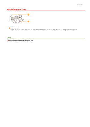 Page 190HWJ-00S
Multi-Purpose Tray
Paper guidesAdjust the  paper  guides to  exactly the  size of the  loaded  paper  to  ensure  that  paper  is  fed straight  into the  machine.
LINKS
Loading Paper in the Multi- Purpose Tray
>Ý>å>Ì>Û>Ì>Þ>Ý>å
 