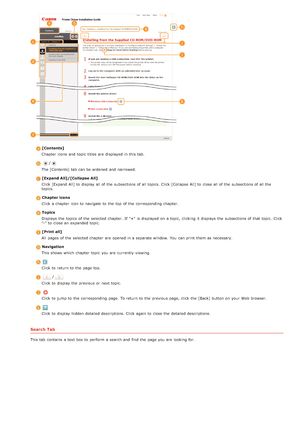 Page 266 [Contents]Chapter icons  and  topic titles are  displayed in this tab.
/
The [Contents] tab  can be widened  and  narrowed.
 [Expand All]/[Collapse All]Click [Expand  All] to  display all of the  subsections of all topics.  Click [Collapse All] to  close all of the  subsections of all the
topics.
 Chapter icons
Click a chapter  icon to  navigate  to  the  top  of the  corresponding chapter.
 TopicsDisplays  the  topics  of the  selected chapter.  If  + is  displayed on  a topic,  clicking  it displays...