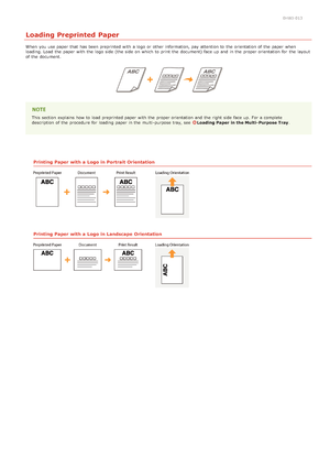 Page 330HWJ-013
Loading Preprinted Paper
When  you use paper  that  has been preprinted with a logo or other information, pay attention to  the  orientation of the  paper  when
loading. Load  the  paper  with the  logo side  (the side  on  which to  print the  document) face up  and  in the  proper orientation for  the  layout
of the  document.
This section  explains how to  load preprinted paper  with the  proper orientation and  the  right side  face up.  For a complete
description of the  procedure for...