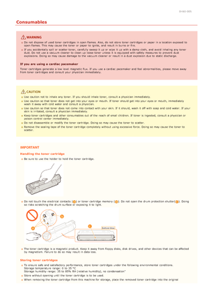 Page 120HWJ-005
Consumables
Do not  dispose of used toner cartridges  in open flames. Also, do not  store  toner cartridges  or paper  in a location exposed  to
open flames. This may  cause  the  toner or paper  to  ignite,  and  result in burns or fire.
If  you accidentally spill or scatter toner,  carefully sweep it up  or wipe  it up  with a damp cloth,  and  avoid  inhaling  any toner
dust. Do not  use a vacuum cleaner to  clean  up  loose toner unless  it is  equipped with safety measures  to  prevent...