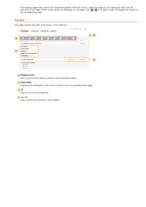 Page 205This displays pages that  contain the  specified keywords. From the  results, locate the  page you are  looking for  and  click the
topic title  of the  page. If  the  results cannot  be displayed on  one page, click /or a page number to  display the  results on
the  corresponding page.
Site Map
This page displays the  titles of all topics  in the  e-Manual.
 Chapter icons
Click to  jump to  the  table of contents of the  selected chapter.
 Topic titlesDisplays  titles and  topics. Click a title  to...