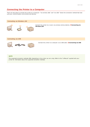Page 2580JAY-002
Connecting the Printer to a Computer
There  are  two ways to  connect the  printer to  a computer: via  wireless LAN, and  via  USB.  Select the  connection method that  best
suits your communication environment and  devices.
Connect  the  printer to  a router  via  wireless communications. Connecting via
Wireless LAN
Connect  the  printer to  a computer  via  a USB  cable. Connecting via USB
The supported connection methods differ  depending on  the  printer you are  using. Refer to  the...