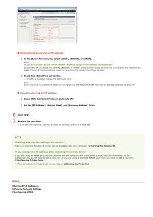 Page 65Automatically assigning  an IP address
1In the [Select Protocol] list,  select [DHCP], [BOOTP],  or [RARP].
If you do  not  want to use DHCP/BOOTP/RARP to assign an IP address automatically
Select [Off]. If  you select the  [DHCP],  [BOOTP], or [RARP] protocol when these services are  unavailable, the  machine will
waste  time  and  communications  resources  searching the  network for  these services.
2Check that [Auto  IP] is  set  to [On].If  [Off]  is  selected,  change the  setting to  [On].
Even if...