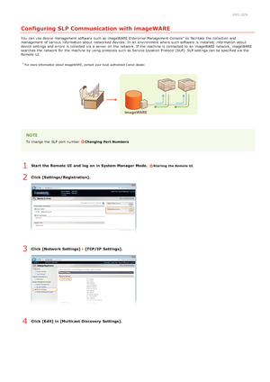 Page 1140JFC -029
Configuring SLP Communication with imageWARE
You  can use device management  software  such as imageWARE Enterprise Management Console to  facilitate the  collection  and
management  of various information  about  networked devices.  In an  environment where such software  is  installed,  information  about
device settings and  errors  is  collected  via  a server  on  the  network. If  the  machine is  connected to  an  imageWARE network, image WARE
searches the  network for  the  machine by...