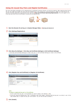 Page 1340JFC -02R
Using CA-issued Key Pairs and Digital Certificates
Key pairs and  digital certificates  can be obtained from a certification  authority  (CA) for  use with the  machine. After obtaining them from a
CA, you can install and  register  key  pairs and  CA certificate files  on  the  machine by using the  Remote  UI. Make  sure  that  the  key  pair
and  the  certificate satisfy  the  requirements of the  machine (
Key  and  Certificate Operating Requirements ). You  can register  up  to
three key...