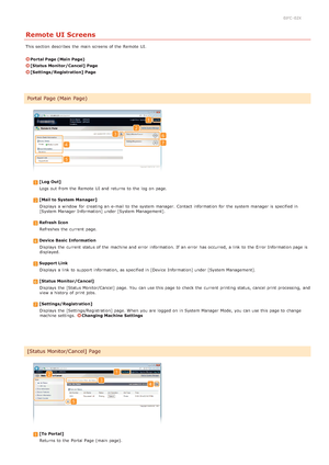 Page 1420JFC -02X
Remote UI Screens
This section  describes  the  main  screens of the  Remote  UI.
Portal Page (Main Page)
[Status Monitor/Cancel] Page
[Settings/Registration] Page
[Log Out]Logs out  from the  Remote  UI and  returns  to  the  log on  page.
[Mail to System Manager]Displays  a window  for  creating an  e-mail to  the  system manager. Contact  information  for  the  system manager is  specified in
[System Manager  Information] under [System Management].
Refresh  IconRefreshes  the  current...