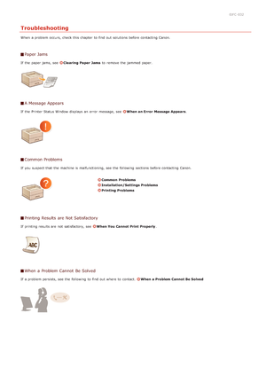 Page 1580JFC -032
Troubleshooting
When  a problem occurs, check  this chapter  to  find out  solutions  before contacting Canon.
Paper Jams
If  the  paper  jams, see  Clearing Paper Jamsto  remove  the  jammed paper.
A Message Appears
If  the  Printer Status Window  displays an  error  message,  see  When an Error  Message Appears .
Common Problems
If  you suspect that  the  machine is  malfunctioning,  see  the  following  sections before contacting Canon.
Common  Problems
Installation/Settings Problems...