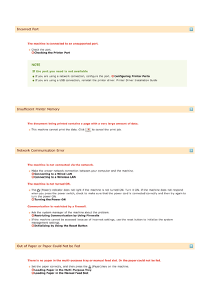 Page 165Incorrect Port
The machine is  connected  to an unsupported port.Check the  port. 
Checking the Printer Port
If the port you need is  not available
If  you are  using a network connection,  configure the  port. Configuring  Printer Ports
If  you are  using a USB  connection,  reinstall the  printer driver. Printer Driver  Installation  Guide
Insufficient Printer Memory
The document being printed contains a page with a very  large  amount of data.
This machine cannot  print the  data. Click 
 to  cancel...