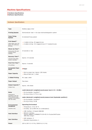 Page 2100JFC -047
Machine Specifications
Hardware Specifications
Software  Specifications
Type Desktop page printer
Printing System Semiconductor laser + dry-type electrophotographic system
Toner  Fixing
System On-demand fixing system
Print Speed
(Plain  paper (60 to  90
g/m²), A4 continuous
printing)1 -sided  printing: 25 pages/minute
2 -sided  printing: 15.4 pages/minute (7.7  sheets/minute)
Warm- Up Time
(from power ON until
machine enters
standby)10 seconds  or less
Recovery Time
(recovery from sleep
mode to...