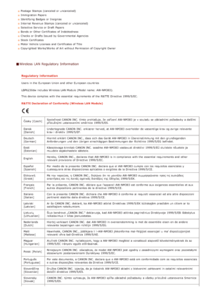 Page 237Postage  Stamps (canceled or uncanceled)
Immigration Papers
Identifying Badges or Insignias
Internal Revenue Stamps (canceled or uncanceled)
Selective Service or Draft  Papers
Bonds or Other Certificates of Indebtedness
Checks  or Drafts Issued  by Governmental  Agencies
Stock Certificates
Motor Vehicle Licenses and  Certificates of Title
Copyrighted  Works/Works of Art without Permission of Copyright  Owner
Wireless  LAN Regulatory  Information
Regulatory  information
Users in the  European Union and...