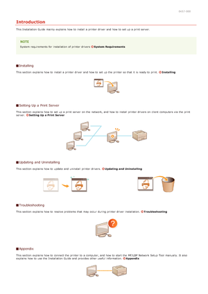Page 2430K57 -000
Introduction
This Installation  Guide mainly explains how to  install a printer driver  and  how to  set up  a print server.
System requirements for  installation  of printer drivers System Requirements
Installing
This section  explains how to  install a printer driver  and  how to  set up  the  printer so that  it is  ready to  print.  Installing
Setting Up a Print Server
This section  explains how to  set up  a print server  on  the  network, and  how to  install printer drivers on  client...