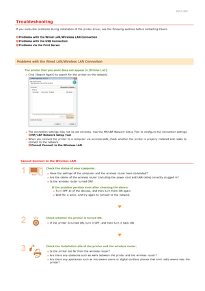 Page 2740K57 -00E
Troubleshooting
If  you encounter problems during installation  of the  printer driver, see  the  following  sections before contacting Canon.
Problems with the Wired  LAN/Wireless  LAN Connection
Problems with the USB Connection
Problems via the Print Server
The printer  that you want does not  appear in [Printer List].Click [Search Again] to  search for  the  printer on  the  network.
The  connection settings may  not  be set correctly. Use  the  MF/LBP  Network Setup  Tool to  configure the...