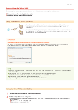 Page 2810K57 -011
Connecting via Wired LAN
Connect  the  printer to  a computer  via  a wired router. Use  a LAN cable to  connect the  printer and  the  router.
Things to Check before  Starting  (Wireless LAN)
Configuring  Wireless LAN Connection Settings
Have  the  computer  and  the  router  been connected correctly via  a LAN cable?  For more
information, see  the  instruction  manuals  for  the  devices you are  using, or contact the
manufacturer. 
Have  the  network settings been completed on  the...