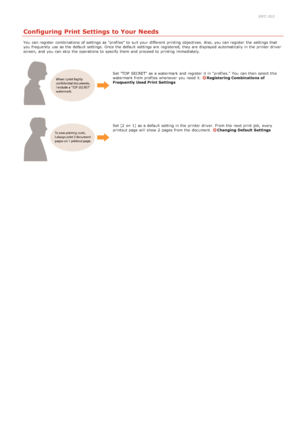 Page 660JFC -01E
Configuring Print Settings to Your Needs
You  can register  combinations of settings as "profiles" to  suit your different  printing objectives. Also, you can register  the  settings that
you frequently use as the  default  settings.  Once the  default  settings are  registered, they are  displayed automatically in the  printer driver
screen, and  you can skip  the  operations to  specify  them and  proceed to  printing immediately.
Set "TOP  SECRET" as a watermark and  register...