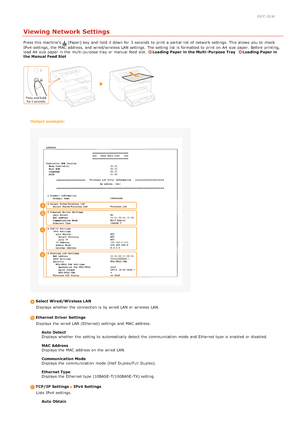 Page 820JFC -01W
Viewing Network Settings
Press this machine's   (Paper) key  and  hold it down for  3  seconds  to  print a partial list  of network settings.  This allows  you to  check
IPv4  settings,  the  MAC address, and  wired/wireless LAN settings.  The setting list  is  formatted to  print on  A4  size paper.  Before printing,
load A4  size paper  in the  multi -purpose tray  or manual  feed  slot.  
Loading Paper in the Multi- Purpose TrayLoading Paper in
the Manual Feed Slot
Output example:...