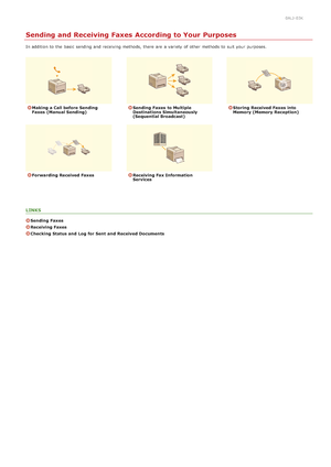 Page 1570ALJ-03K
Sending and Receiving Faxes According to Your Purposes
In addition to  the  basic  sending and  receiving methods,  there are  a variety  of other methods to  suit your purposes.
Making a Call before  Sending
Faxes  (Manual Sending)Sending  Faxes  to Multiple
Destinations Simultaneously
(Sequential Broadcast)Storing  Received Faxes  into
Memory (Memory Reception)
Forwarding Received FaxesReceiving Fax Information
Services
LINKS
Sending  Faxes
Receiving Faxes
Checking Status and  Log  for Sent...