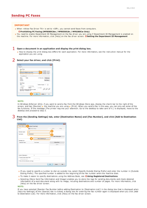 Page 1730ALJ-042
Sending PC Faxes
IMPORTANT
When   is  set to  , you cannot  send faxes from computers.
Prohibiting PC Faxing (MF8580Cdw  / MF8550Cdn / MF8280Cw Only)
You  need to  enable  Department  ID Management on  the  fax  driver  you are  using if  Department  ID Management is  enabled  on
the  machine. For more information, click [Help] on  the  fax  driver  screen. 
Setting the Department  ID Management
Open a document  in an application and  display the print dialog  box.
How  to  display the  print...