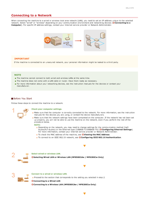 Page 3200ALJ-07R
Connecting to a Network
When  connecting the  machine to  a wired or wireless local area network (LAN), you need to  set an  IP  address unique  to  the  selected
network. Select "wired" or "wireless"  depending on  your communication environment and  networking devices (Connecting to a
Computer ). For specific IP  address settings,  contact your Internet  service provider  or Network Administrator.
IMPORTANT
If  the  machine is  connected to  an  unsecured network, your personal...