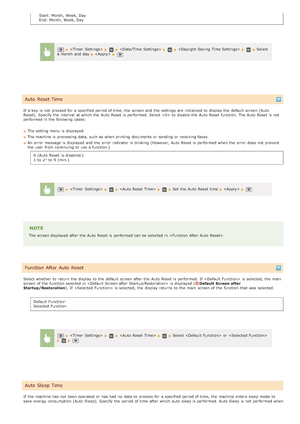 Page 489Start: Month,  Week, Day
End: Month,  Week, Day
If  a key  is  not  pressed for  a specified period of time, the  screen and  the  settings are  initialized to  display the  default  scre en (Auto
Reset).  Specify the  interval  at which the  Auto  Reset is  performed. Select  to  disable the  Auto  Reset function. The Auto  Rese t is  not
performed in the  following  cases:
The setting menu is  displayed.
The machine is  processing data, such as when printing documents or sending or receiving faxes.
An...