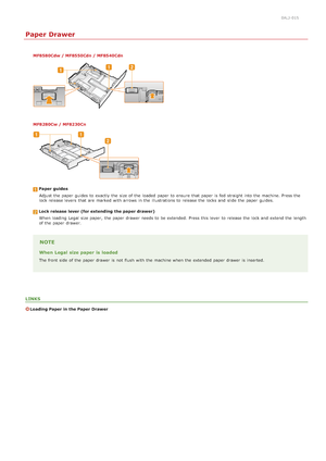 Page 590ALJ-015
Paper Drawer
MF8580Cdw / MF8550Cdn / MF8540Cdn
MF8280Cw / MF8230Cn
Paper guidesAdjust the  paper  guides to  exactly the  size of the  loaded  paper  to  ensure  that  paper  is  fed straight  into the  machine. Press the
lock release levers  that  are  marked with arrows  in the  illustrations to  release the  locks and  slide the  paper  guides.
Lock release  lever (for extending  the paper drawer)When  loading  Legal size paper,  the  paper  drawer needs to  be extended.  Press this lever  to...