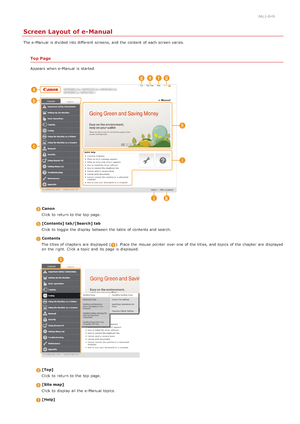 Page 6570ALJ-0H9
Screen Layout of e-Manual
The e-Manual is  divided into different  screens,  and  the  content  of each screen varies.
Top Page
Appears when e-Manual is  started.
Canon
Click to  return to  the  top  page.
[Contents]  tab/[Search] tab
Click to  toggle the  display between  the  table of contents and  search.
Contents
The titles of chapters  are  displayed (
). Place the  mouse  pointer  over one of the  titles, and  topics  of the  chapter  are  displayed
on  the  right.  Click a topic and  its...