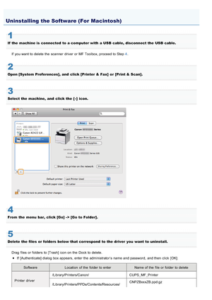 Page 7380AWU-011
1
If  the  machine is  connected  to a computer with  a USB  cable,  disconnect the  USB  cable.If  you want to delete the  scanner  driver or MF Toolbox, proceed to Step 4 .
2
Open [System Preferences],  and  click [Printer & Fax]  or [Print & Scan].
3
Select the  machine,  and  click the  [ - ]  icon.
4
From  the  menu  bar, click [Go] - > [Go to Folder].
5
Delete  the  files  or folders  below that correspond  to the  driver  you  want to uninstall.
Drag  files  or folders  to [Trash] icon on...