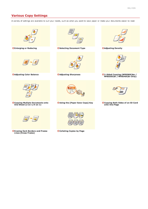 Page 1140ALJ-02A
Various Copy Settings
A variety  of settings are  available to  suit your needs,  such as when you want to  save  paper  or make your documents easier  to  read.
Enlarging or ReducingSelecting  Document  TypeAdjusting  Density
Adjusting  Color  BalanceAdjusting  Sharpness2 - Sided Copying (MF8580Cdw  /
MF8550Cdn / MF8540Cdn Only)
Copying Multiple Documents onto
One Sheet (2  on  1/4 on  1)Using  the [Paper Save  Copy] KeyCopying Both  Sides  of an ID Card
onto  One Page
Erasing Dark Borders  and...