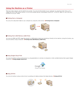 Page 1890ALJ-048
Using the Machine as a Printer
There  are  many ways to  use the  machine as a printer. You  can print documents on  your computer  by using the  printer driver, print
image files  from a USB  memory  device, or print from portable devices using Google  Cloud Print™ or AirPrint.  Make  full use of the  print
functions to  suit your needs.
Printing from a Computer
You  can print a document made  on  your computer  by using the  printer driver. Printing from a Computer
Printing from USB Memory...