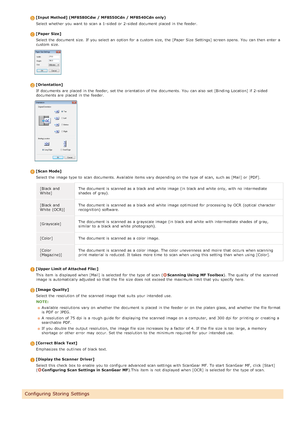 Page 264[Input Method]  (MF8580Cdw  / MF8550Cdn / MF8540Cdn only)Select whether  you want to  scan a 1 -sided  or 2 -sided  document placed  in the  feeder.
[Paper Size]Select the  document size. If  you select an  option for  a custom size, the  [Paper Size  Settings] screen opens. You  can then  enter  a
custom size.
[Orientation]
If  documents are  placed  in the  feeder,  set the  orientation of the  documents.  You  can also  set [Binding Location] if  2 -sided
documents are  placed  in the  feeder.
[Scan...