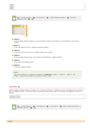 Page 514Mode 3
Mode 4
Mode 5
Mode 6
Line Control
Select the  data processing method to  reproduce lines. If   is  selected,  lines are  processed to  print as clearly as
text. If   is  selected,  lines are  processed as graphics and  printed in similar tones and  gradations to  those of
graphics.Resolution  Priority
Gradation  Priority
     Select the
smoothing mode 

Prints  the  edges of dark  colored text, lines, and  graphics smoothly. This setting is  recommended  for  most types of
printing.
Prints  both...