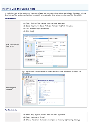 Page 7420AWU-00K
In the  Online Help,  all  the  functions  of the  driver software  and information  about options are included.  If  you want to know
descriptions of the  functions  and settings immediately  when  using  the  driver software, make use of the  Online Help.
For  Windows:How  to display the
Help screen (1) Select  [File]  - > [Print] from the  menu bar in  the  application.
(2) Select  the  printer in  [Select Printer] or [Name] in  the  [Print] dialog box.
(3) Click  [Preferences]  or...