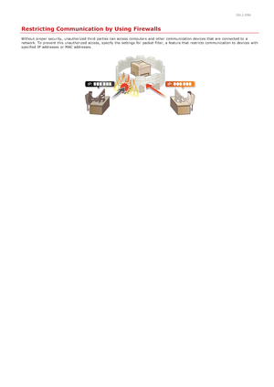 Page 4070ALJ-09A
Restricting Communication by Using Firewalls
Without  proper security,  unauthorized third parties can access computers and  other communication devices that  are  connected to  a
network. To prevent  this unauthorized access, specify  the  settings for  packet  filter, a feature that  restricts communication to  devices with
specified IP  addresses or MAC addresses.
>à>Ü>ã>Ì>Û>Ì>â>ã>â
 