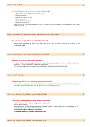 Page 553Cannot  print RX  data.
A  received document cannot be printed due to the following:Replacement period of the  toner cartridge  is  near.
A cover is  opened.
A toner cartridge  is  not  set.
Paper  is  not  set.
A document or paper  jams.
An  abnormality occurs.
Check whether  the  problems above  are  occurring. If  messages including causes  and  solutions  appear  on  the  display,
check  the  contents.
Cannot  receive the fax. Make  sure the fax was  sent correctly by the sender.
The recipients...