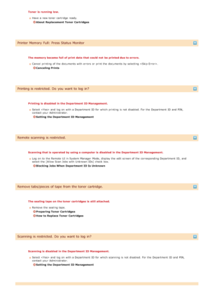 Page 559Toner  is  running  low.Have  a new toner cartridge  ready.
About  Replacement Toner  Cartridges
Printer Memory Full: Press Status Monitor
The memory became full of print  data that could not  be printed due to errors.Cancel  printing of the  documents with errors  or print the  documents by selecting .
Canceling Prints
Printing is restricted. Do  you want  to  log  in?
Printing is  disabled  in the Department  ID Management.Select  and  log on  with a Department  ID for  which printing is  not...