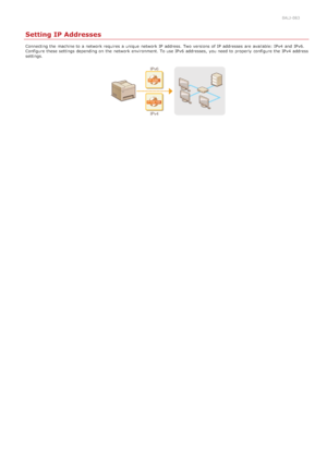 Page 3380ALJ-083
Setting IP Addresses
Connecting the  machine to  a network requires  a unique  network IP  address. Two versions  of IP  addresses are  available: IPv4  and  IPv6.
Configure these settings depending on  the  network environment. To use IPv6  addresses,  you need to  properly  configure the  IPv4  a ddress
settings.
>ß>ß>ä>Ì>Û>Ì>â>ã>â
 