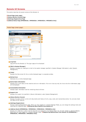 Page 4560ALJ-0AF
Remote UI Screens
This section  describes  the  typical screens of the  Remote  UI.
Portal Page (main  page)
[Status Monitor/Cancel] Page
[Settings/Registration] Page
[Address Book] Page (MF8580Cdw  / MF8550Cdn / MF8540Cdn / MF8280Cw Only)
[Log Out]Logs off  from the  Remote  UI. The Login  page will  be displayed.
[Mail to System Manager]Displays  a window  for  creating an  e-mail to  the  system manager specified in [System Manager  Information] under [System
Management].
[Help]Displays  the...