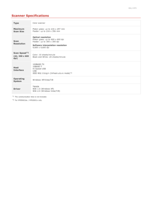 Page 6440ALJ-0FR
Scanner Specifications
TypeColor scanner
Maximum
Scan SizePlaten  glass: up  to  216 x 297 mm
Feeder:  up  to  216 x 356 mm
Scan
Resolution
Optical  resolution
Platen  glass: up  to  600 x 600 dpi
Feeder:  up  to  300 x 300 dpi
Software  interpolation resolution
9,600 x 9,600 dpi
Scan Speed
(A4,  300 x 600
dpi)Color: 10 sheets/minute
Black and  White:
20 sheets/minute
Host
Interface
100BASE-TX
10BASE-T
Hi -Speed USB
USB
IEEE  802.11b/g/n  (Infrastructure mode)
Operating
SystemWindows...